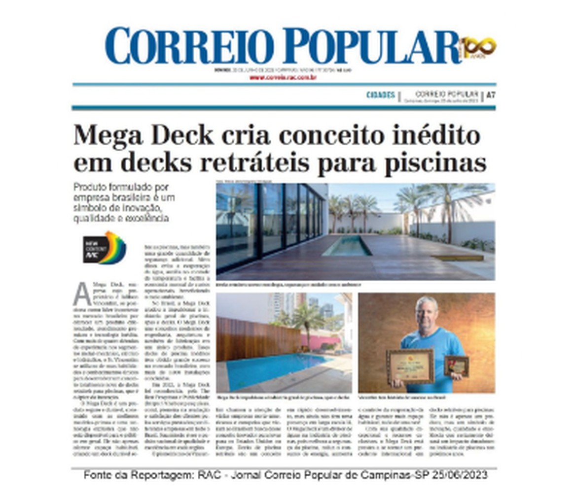 Reportagem do Correio Popular sobre deck retrátil desenvolvido pela empresa